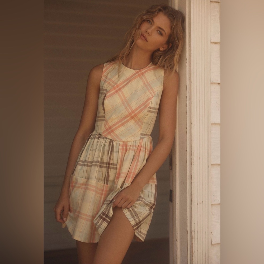 Anthropologie LyreBird Plaid Nap Mini Dress Open Back Tie Medium NWT Soft Yellow